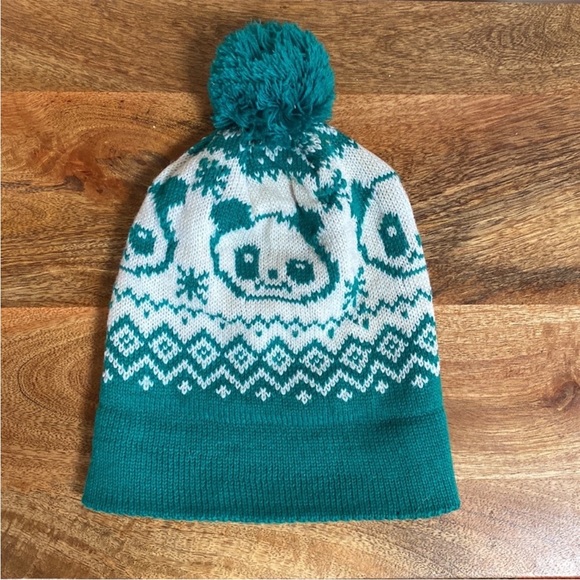 VTG 80’S Green Panda Bear Knit Knitted Pom Pom Winter Hat Beanie - Picture 4 of 14